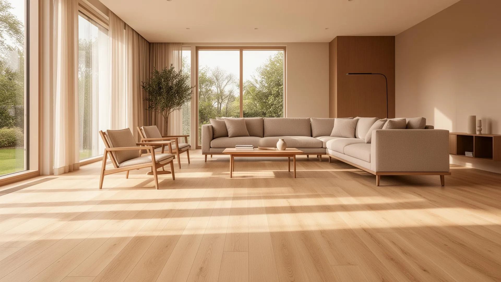 Bright living room with Vynfloor wood-look SPC vinyl flooring